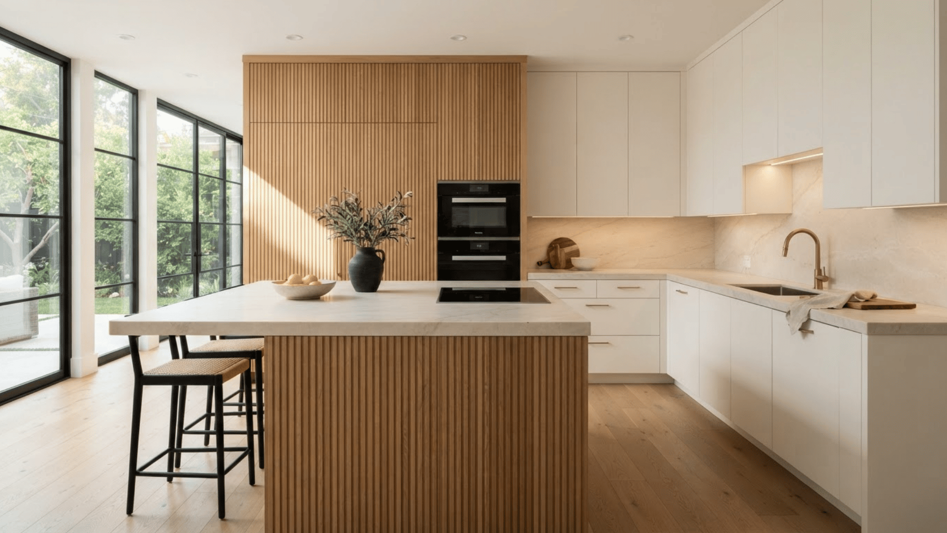 white kitchen with fluted wood island, matching wall panels, black stools, and marble counters