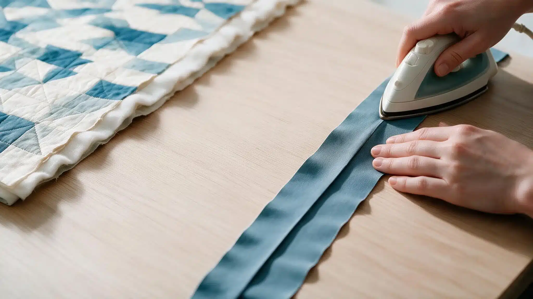 Hands press a long blue quilt binding strip in half with an iron beside a blue and white patchwork quilt on the table