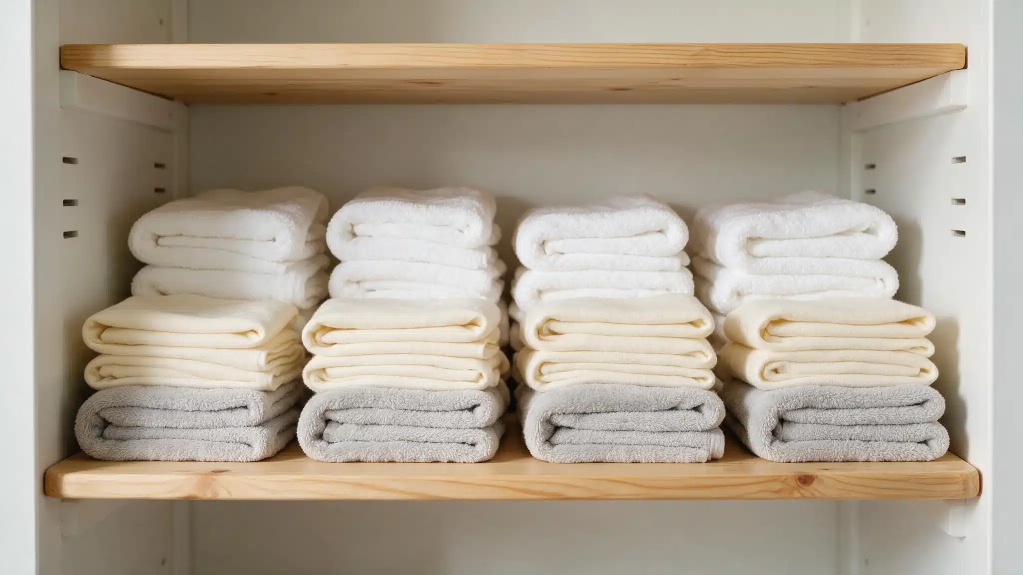 Neatly folded towels stacked in matching uniform folds on open linen closet shelves.
