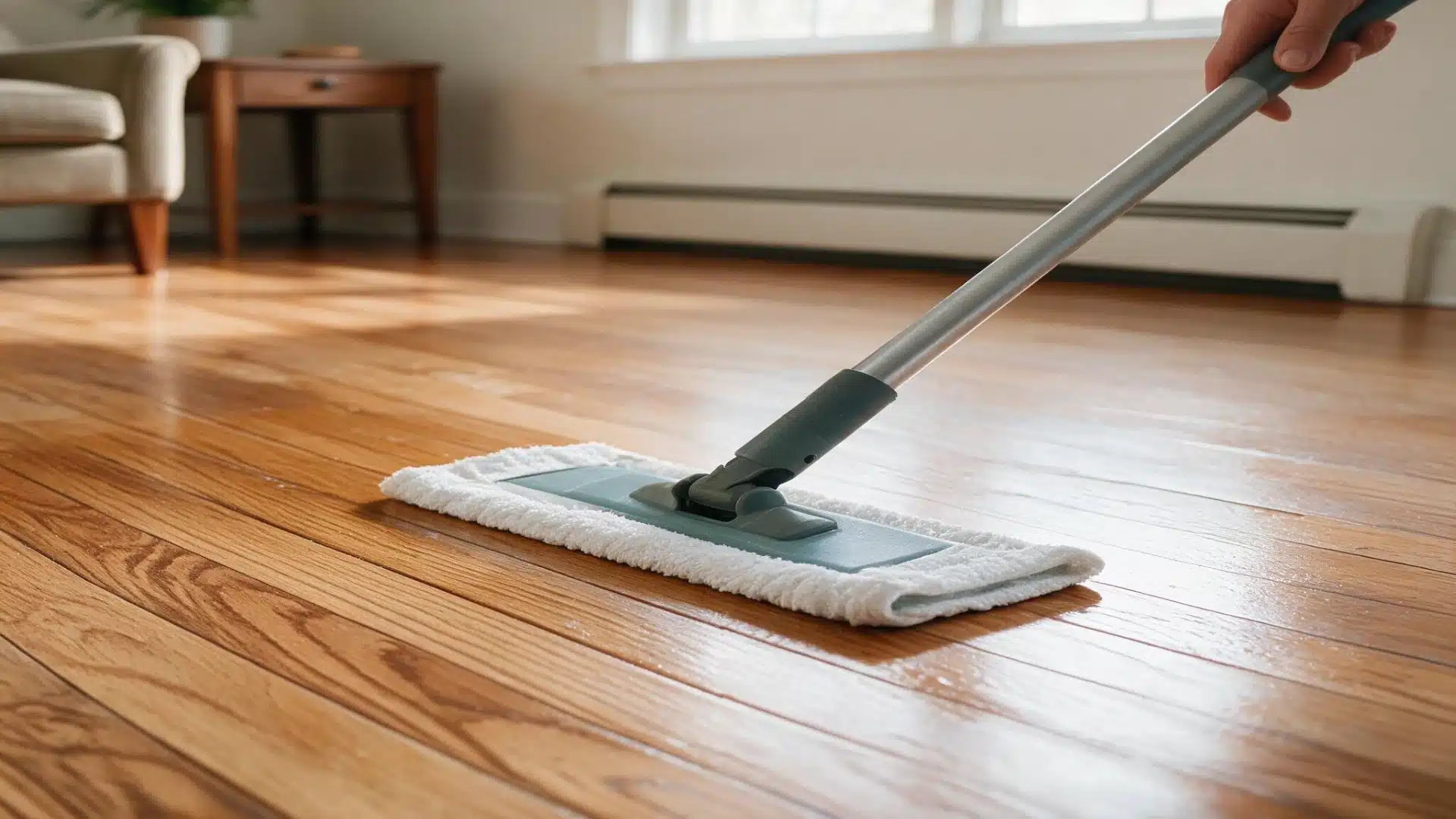 Microfiber mop moving along the wood grain while cleaning a hardwood floor in a bright living room