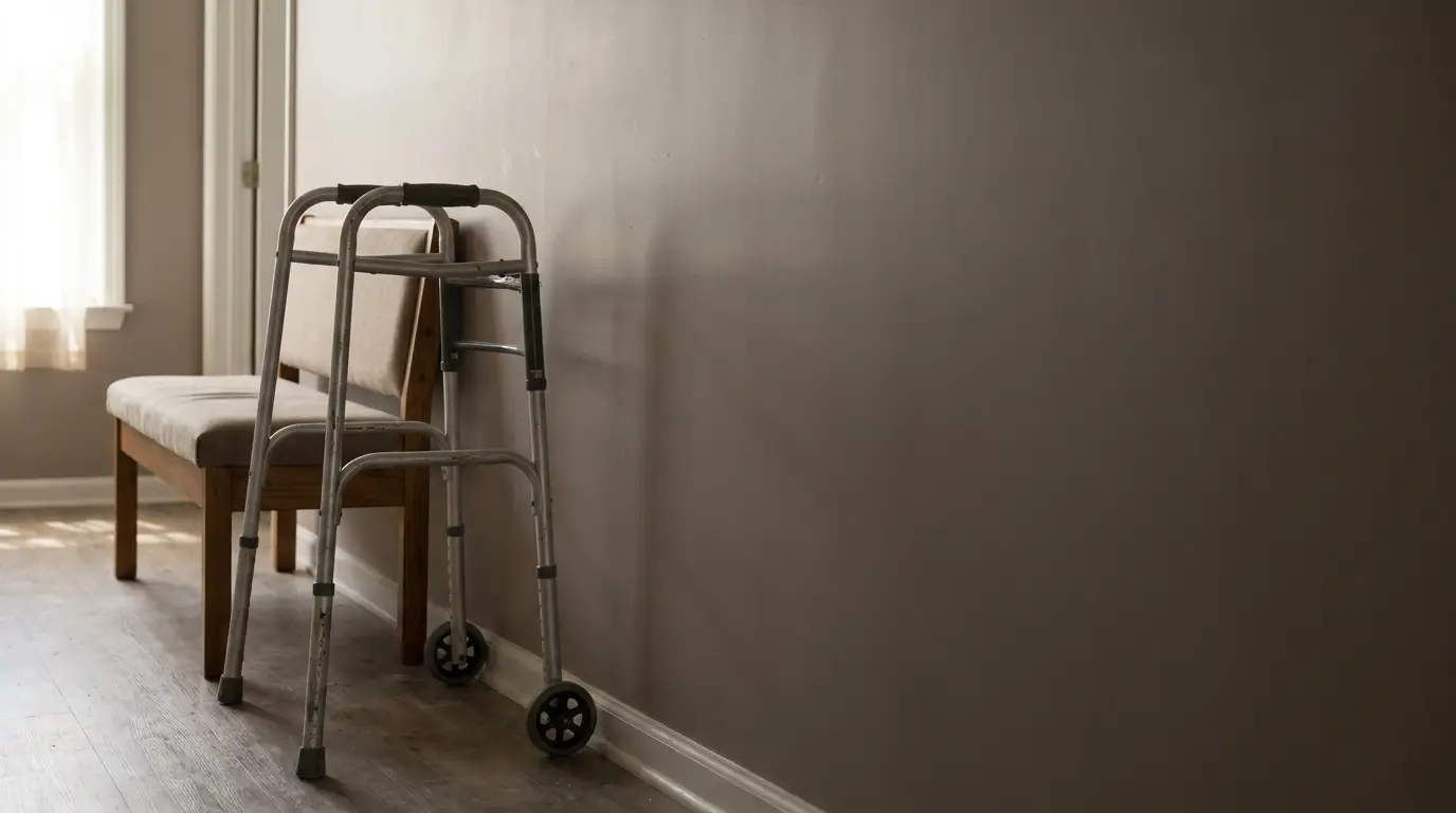 Walker and cushioned chair against a neutral wall in a sunlit hallway