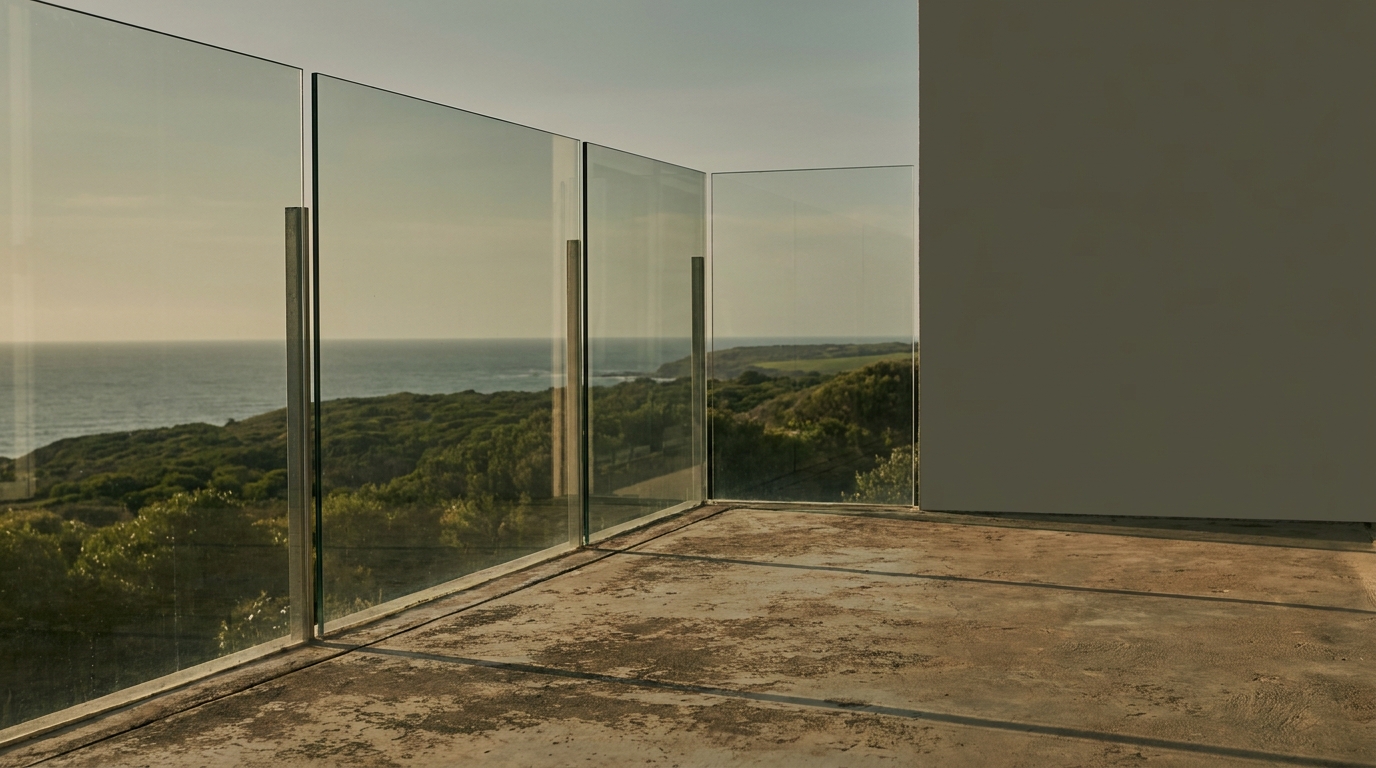 Glass balcony overlooking ocean and greenery under warm sunlight
