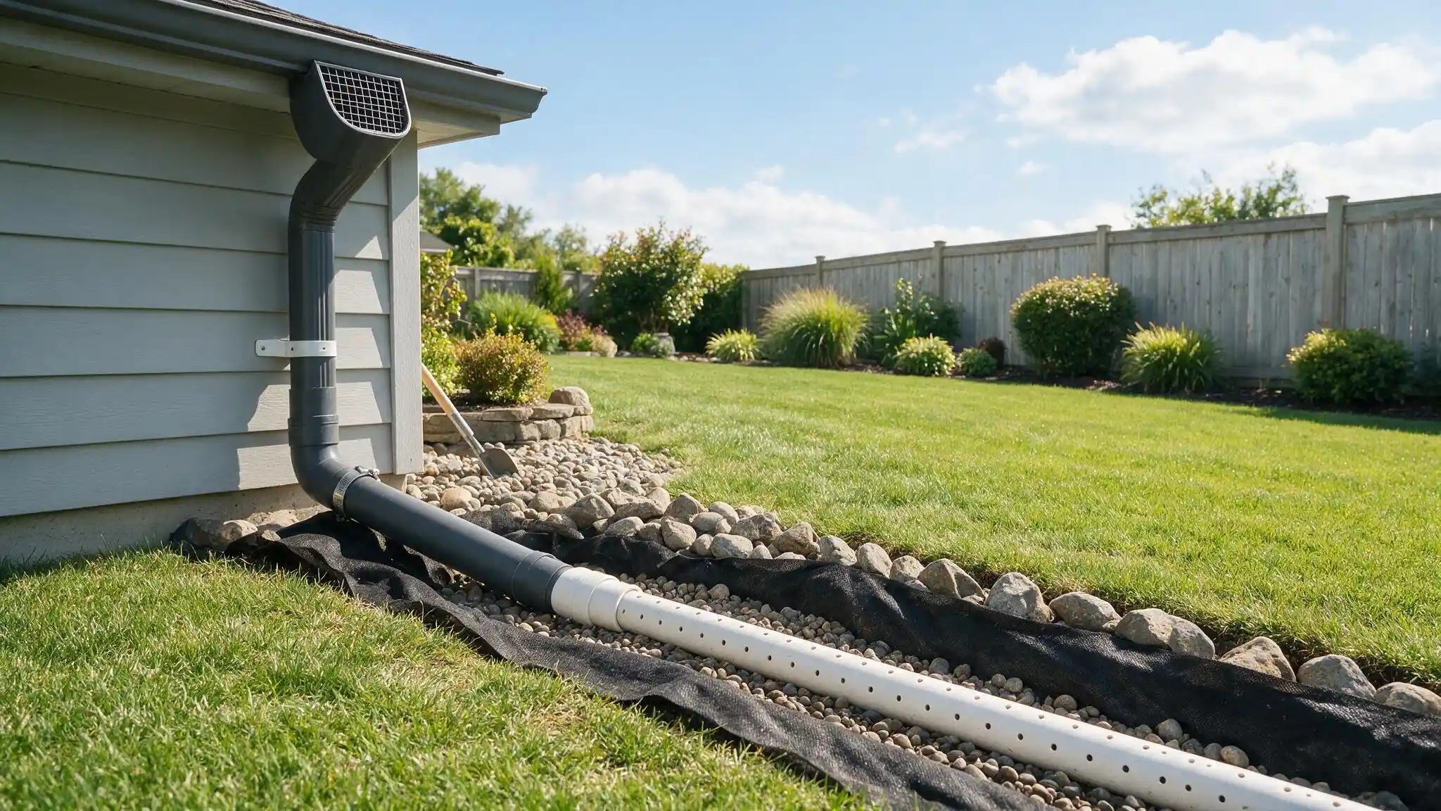 A house downspout connects to a perforated drainage pipe laid in a rock-filled trench across a grassy yard.