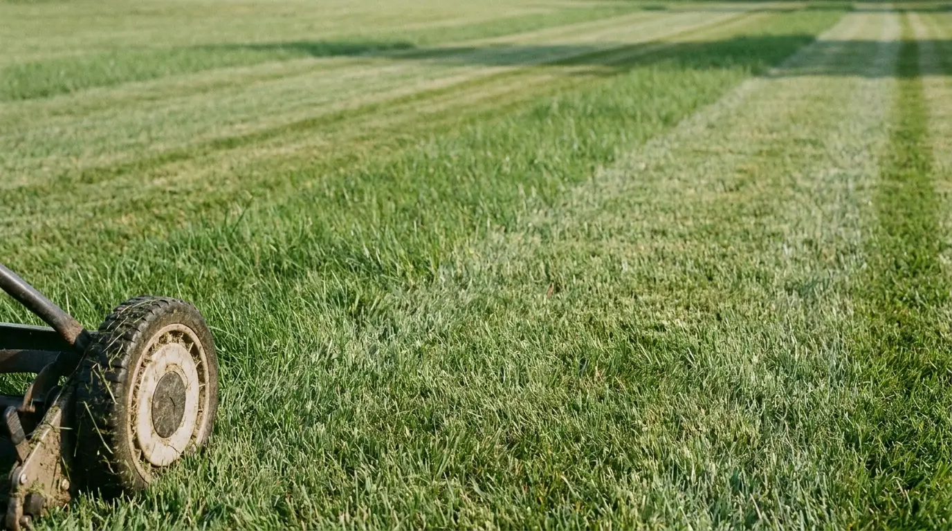 Lawn mower partially visible on freshly cut green grass in sunny outdoor setting