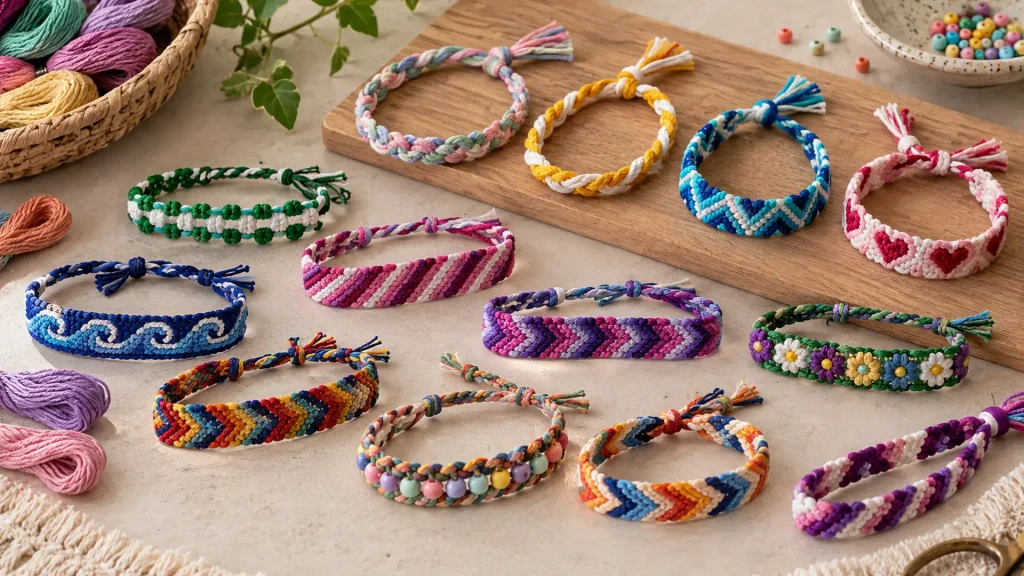 Assorted handmade friendship bracelet patterns displayed with embroidery floss and beads on a craft table.
