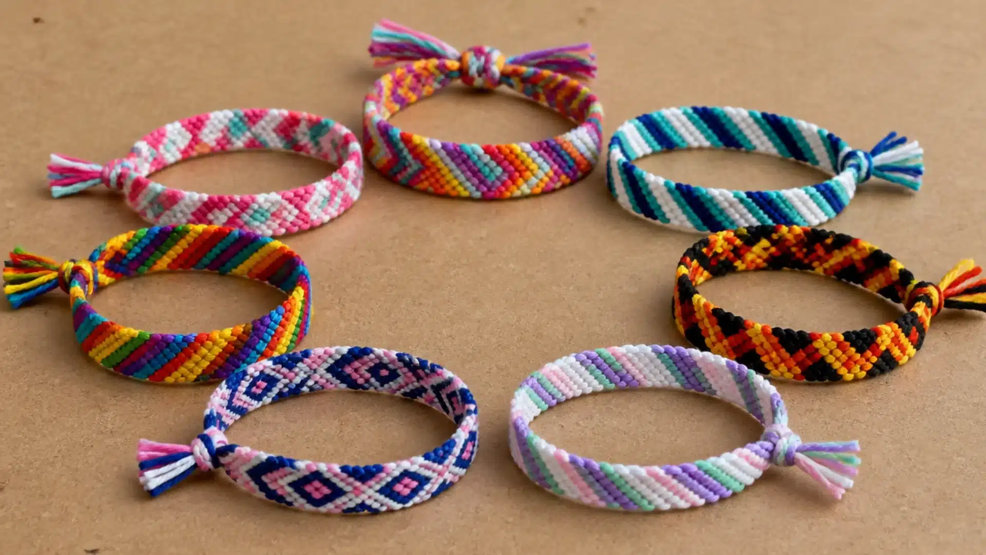 Colorful woven friendship bracelets with striped and geometric patterns arranged on a plain brown surface