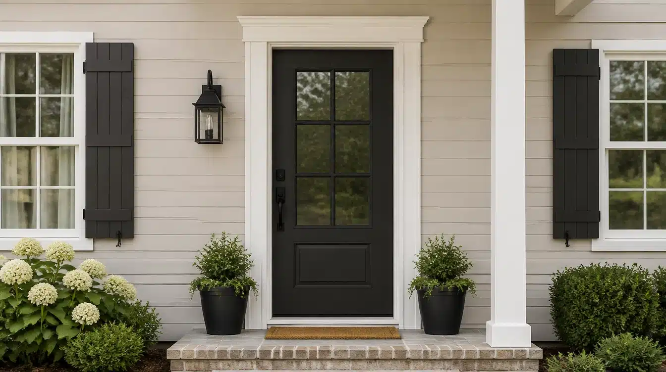 Agreeable Gray siding with dark front door matching shutters white trim black lighting and simple porch landscaping