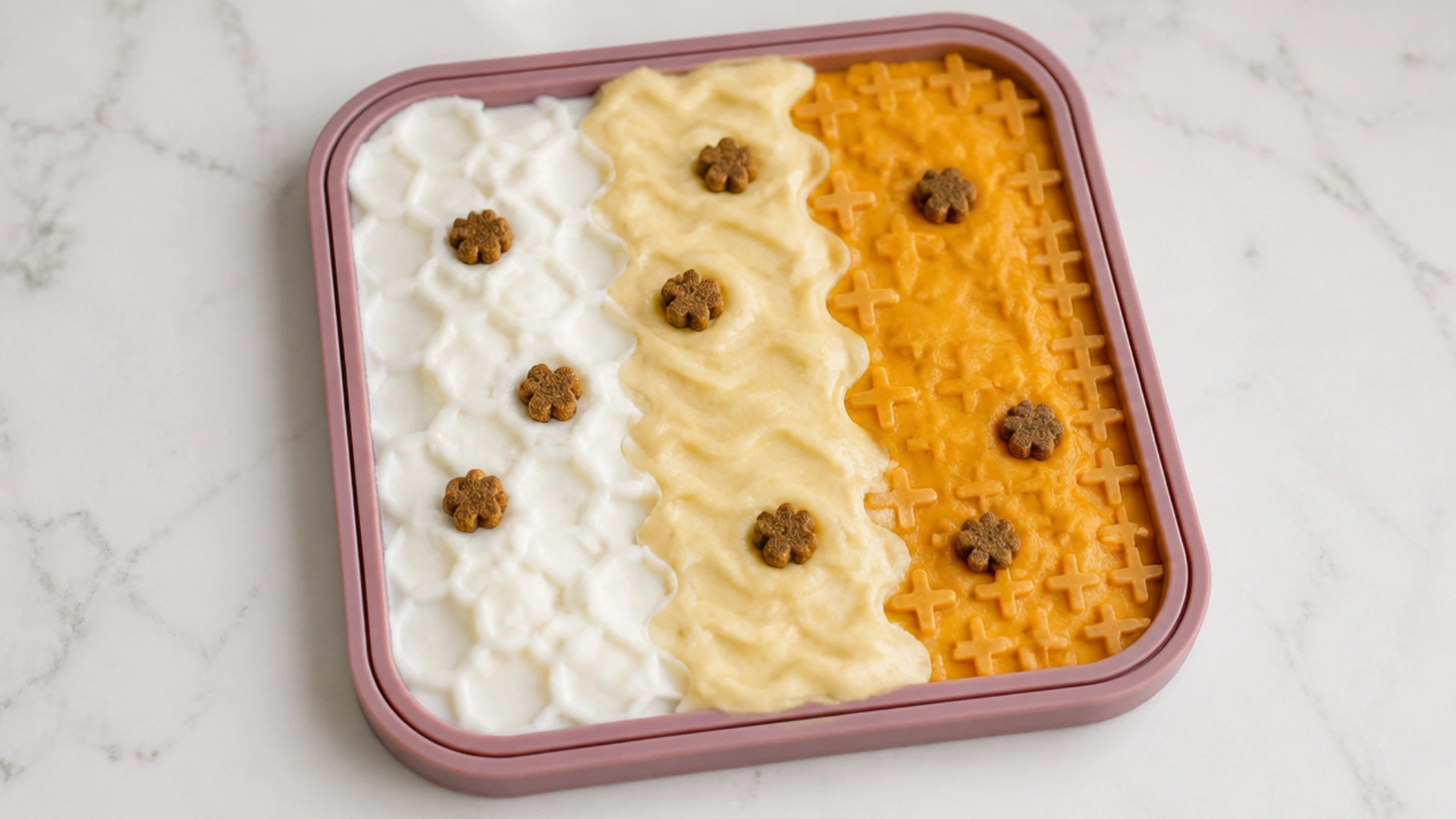 Frozen lick mat with creamy dog treats and small paw shaped biscuits arranged in three sections