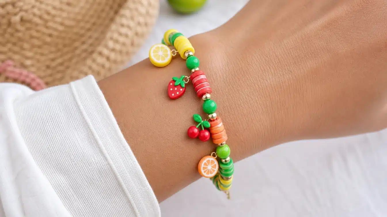 A woman wearing a vibrant bracelet adorned with various fruit and berry charms.