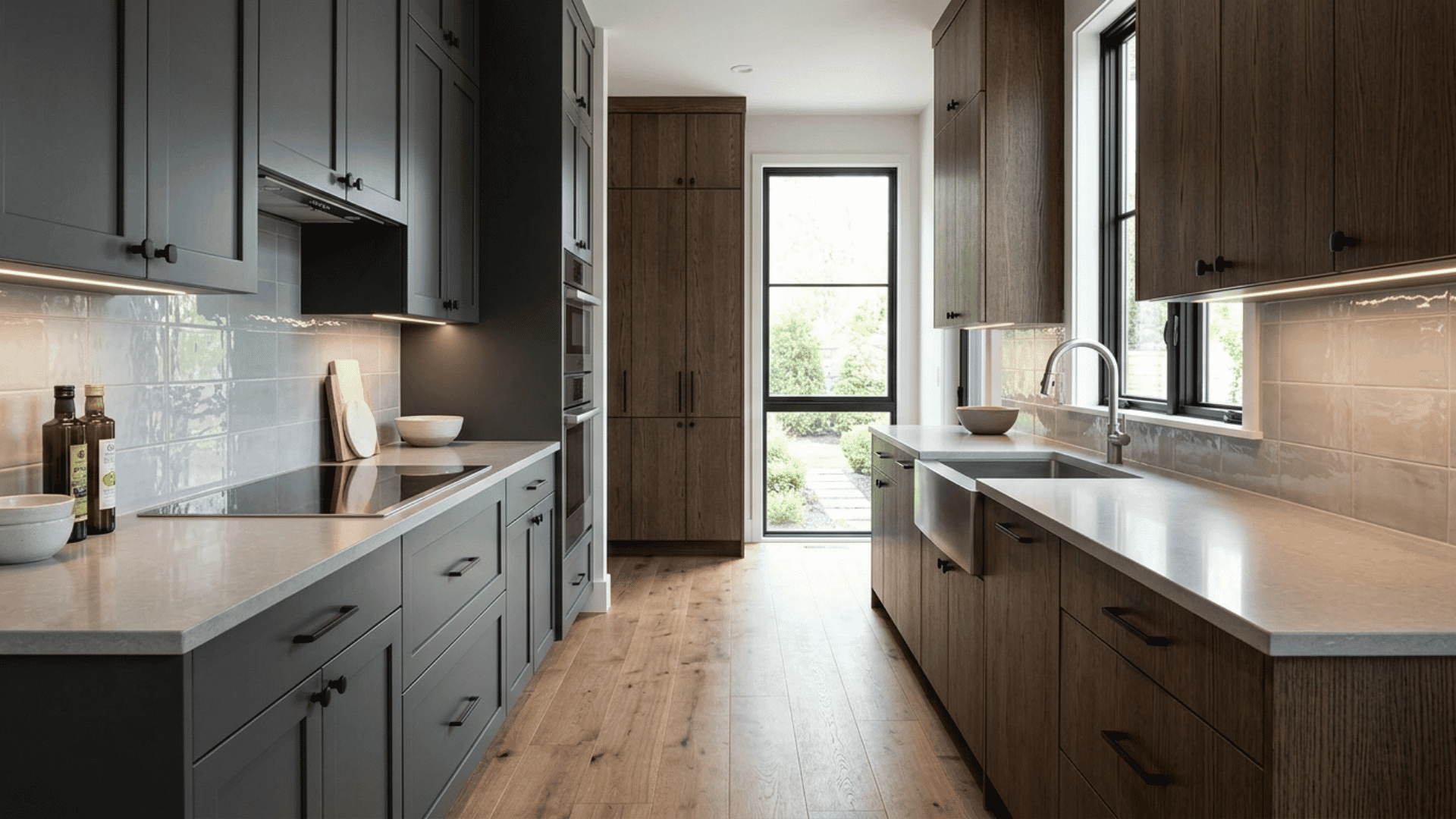 narrow galley kitchen with charcoal and dark wood cabinets, white counters, and black-framed windows