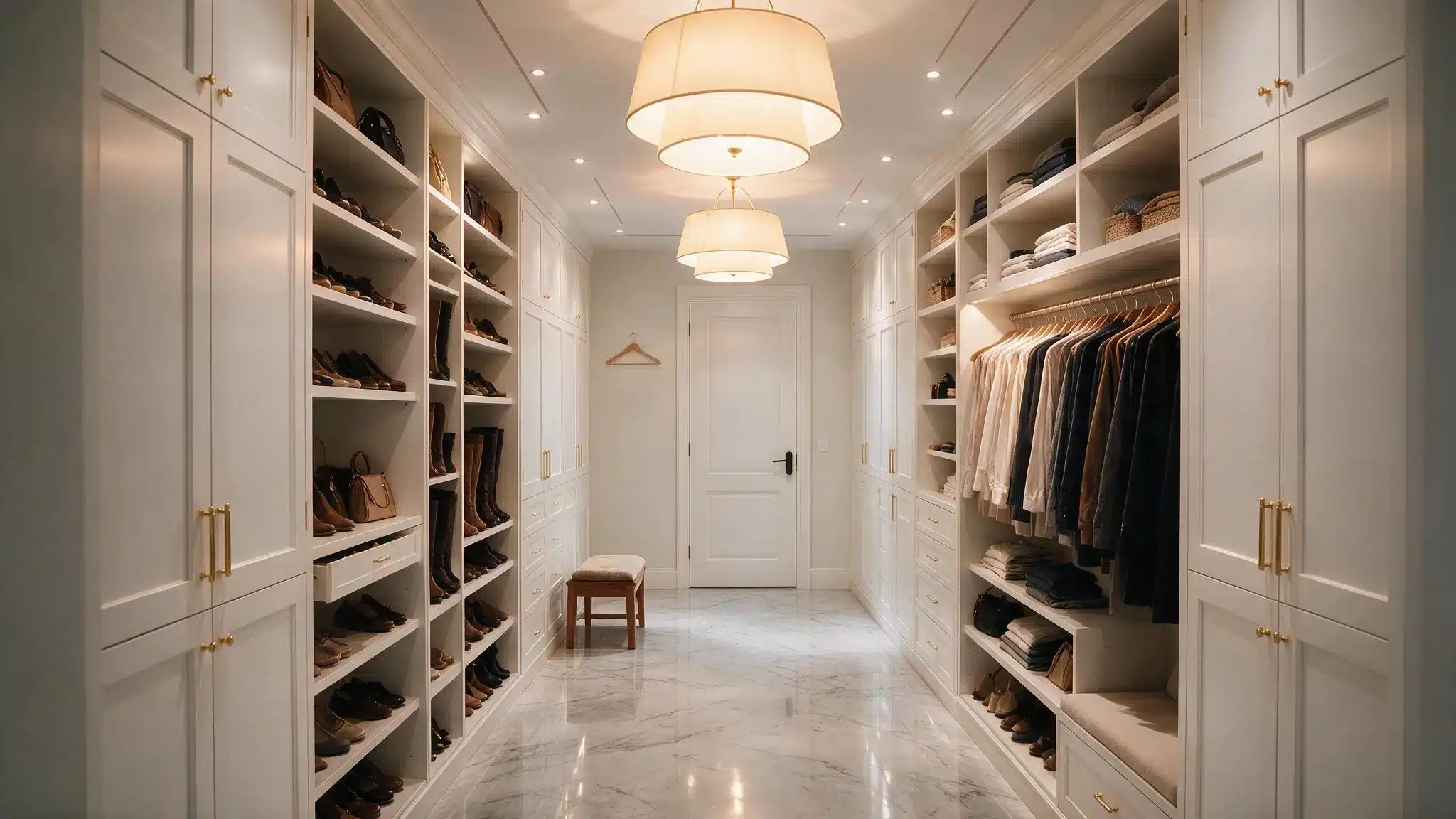 Bright gallery walk in closet with white cabinets open shoe shelves hanging clothes pendant lights and clear walkway