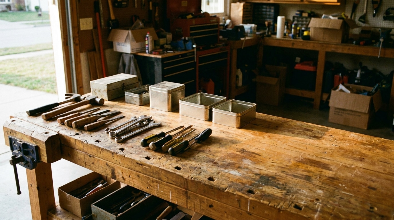 Wooden workbench with hand tools and metal boxes in a cluttered garage workshop