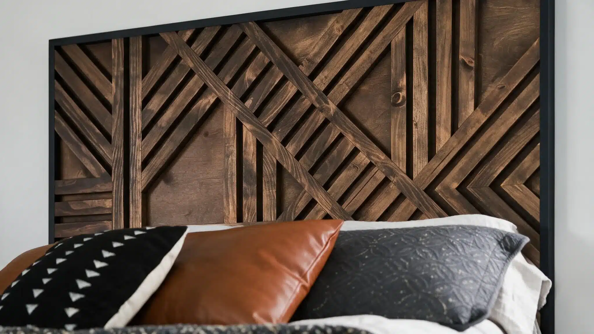 Dark geometric wood headboard with layered diagonal slats and contrasting neutral bedding