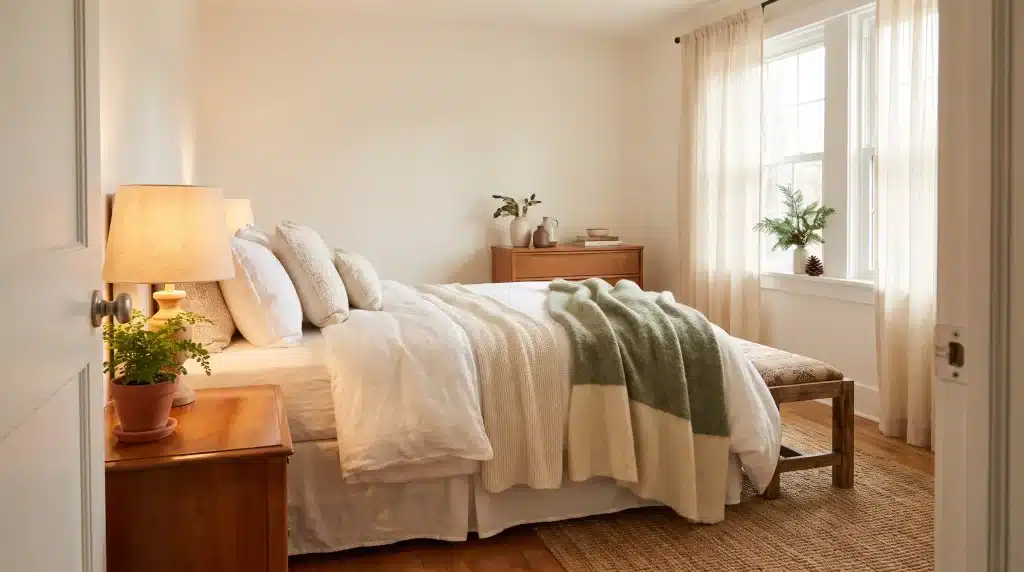 Cozy bedroom with a wooden nightstand, white bedding, and soft natural light through sheer curtains