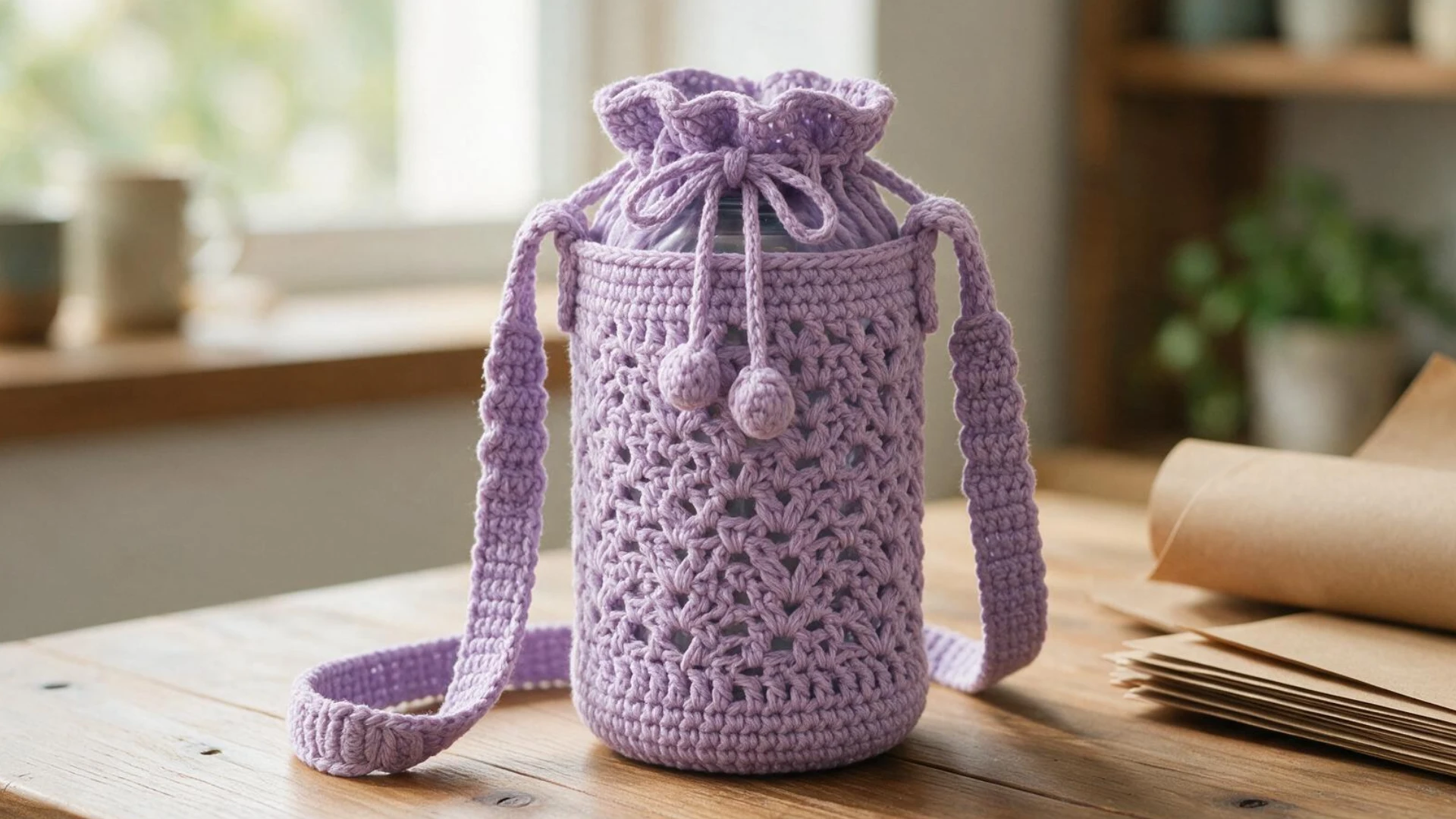 Lavender <echighlighted><echighlighted>crochet water bottle holder</echighlighted></echighlighted> with drawstring top pom pom ties and shoulder strap on a wooden table