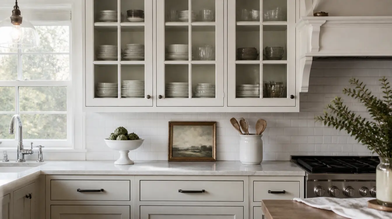 White glass-front farmhouse kitchen cabinets displaying dishes above white countertops with a subway tile backsplash design