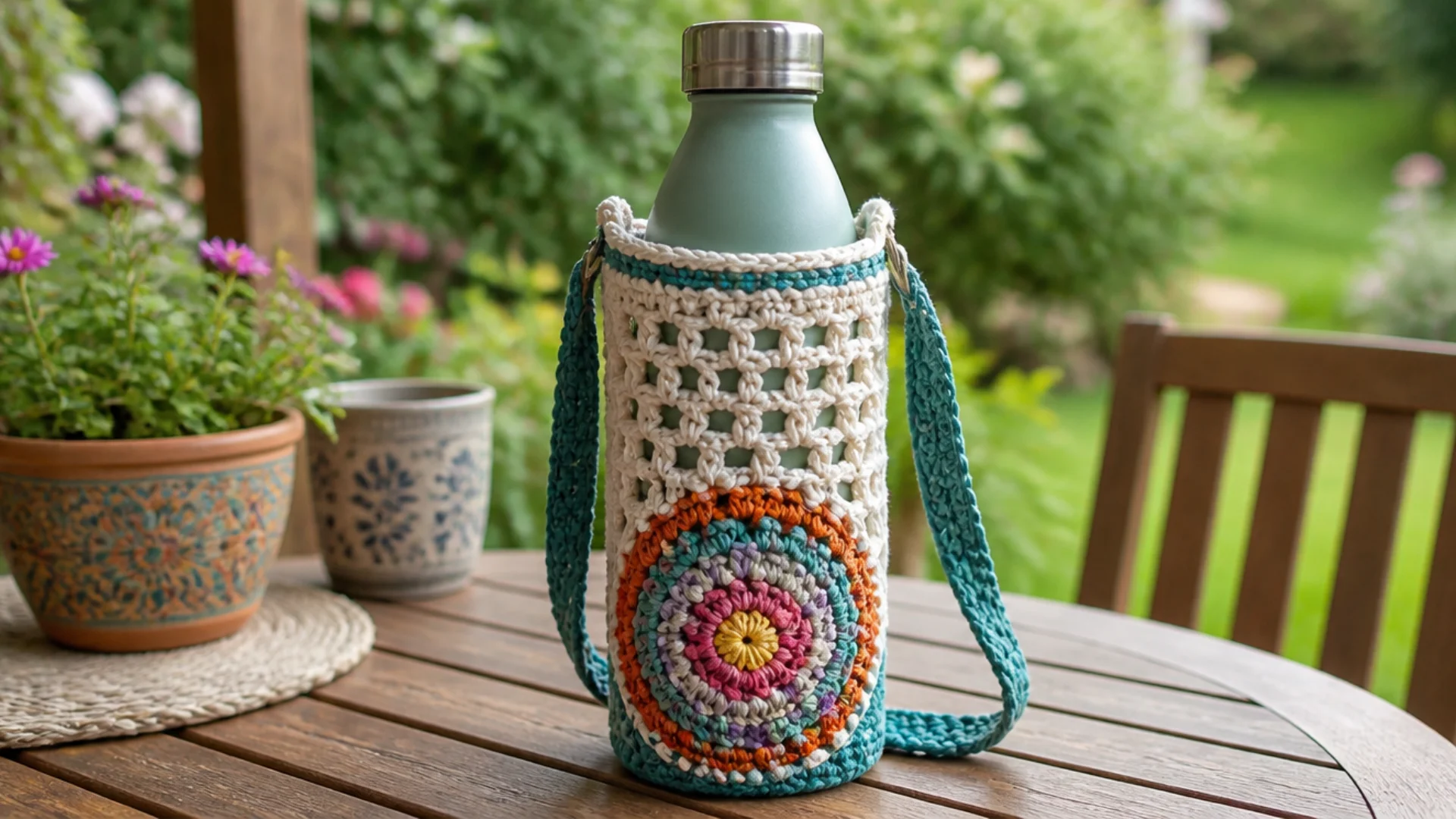 Colorful granny circle <echighlighted><echighlighted>crochet water bottle holder</echighlighted></echighlighted> with teal strap resting on a wooden garden table