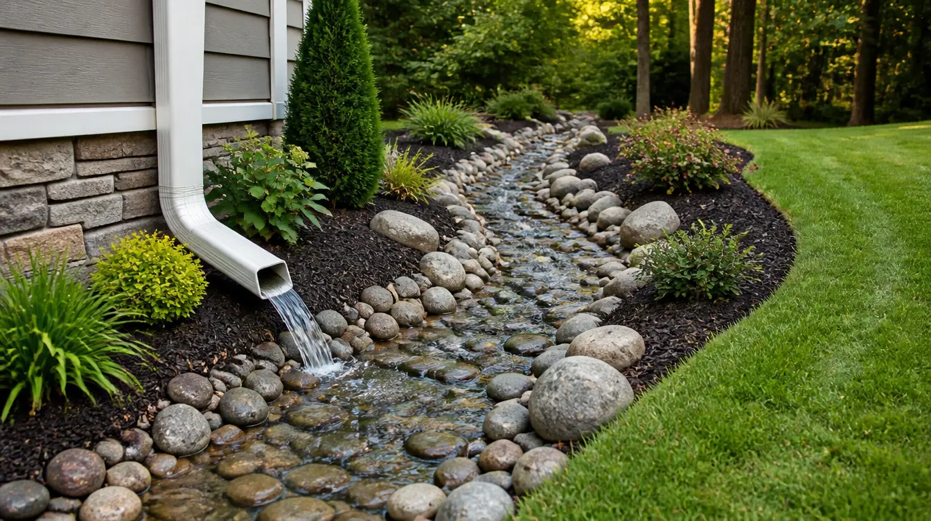 Downspout directs rainwater through a rock lined drainage channel beside a landscaped home and lawn