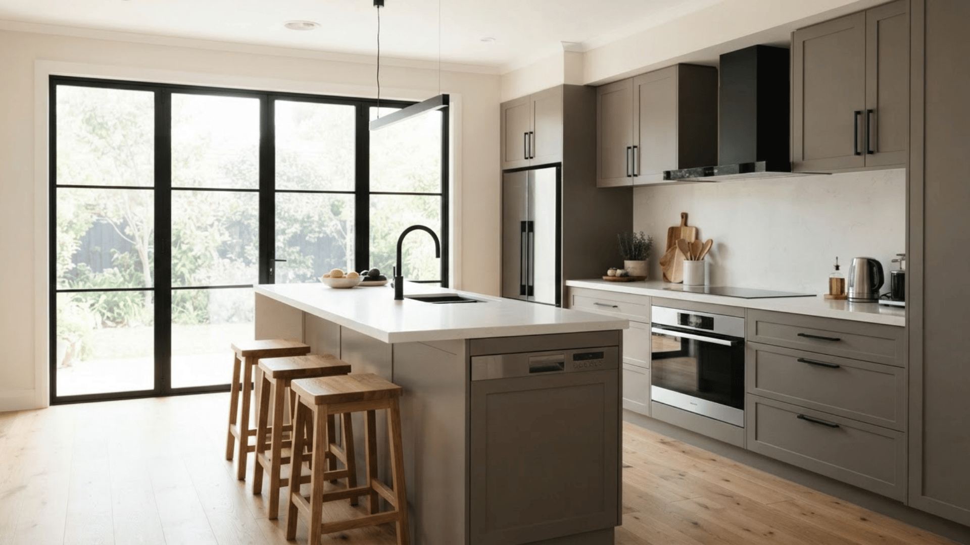 gray kitchen with white stone island, wood stools, black-framed doors, and modern appliances