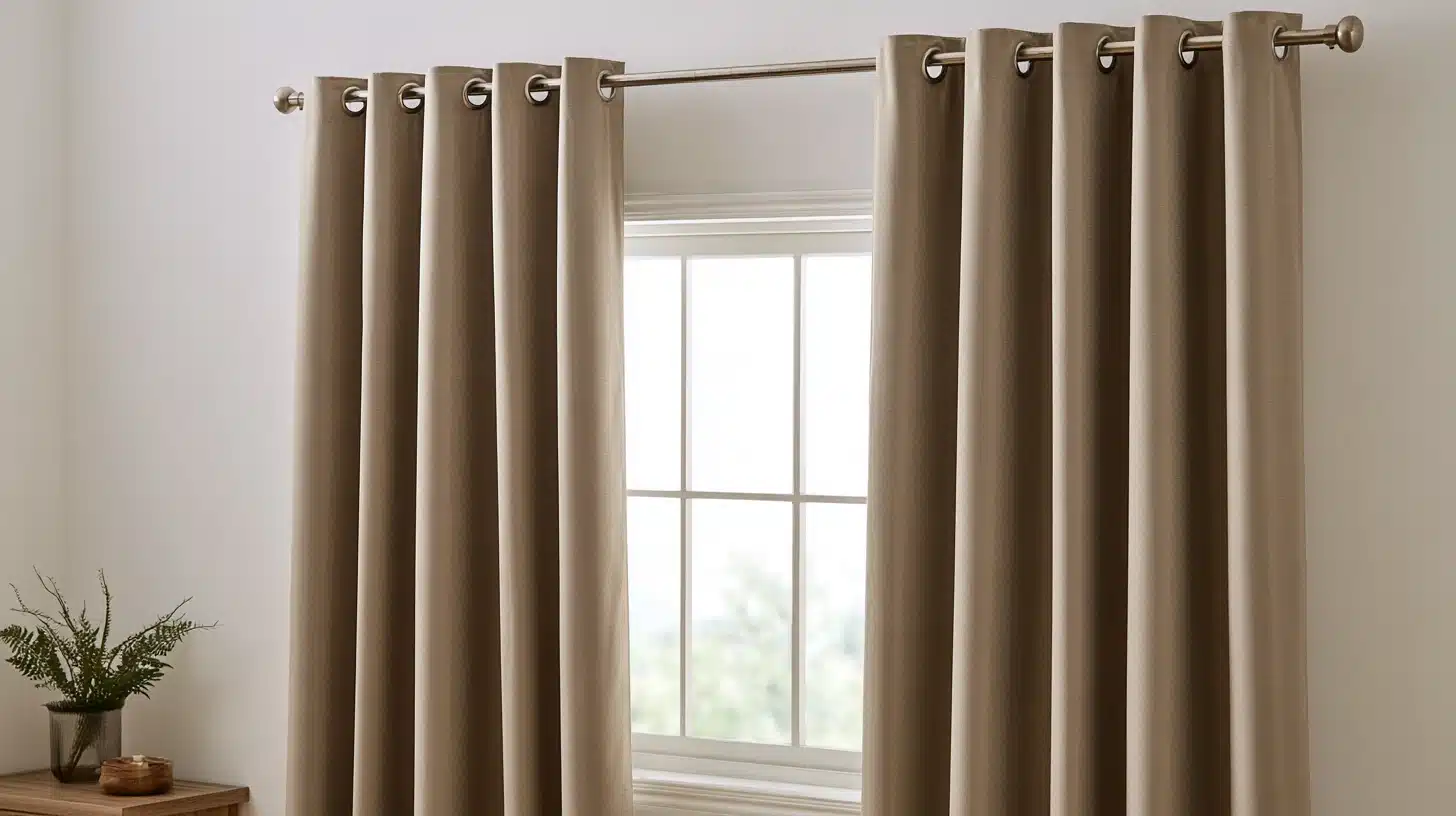 Brown grommet curtains hanging from a metal rod beside a bright window in a neutral room