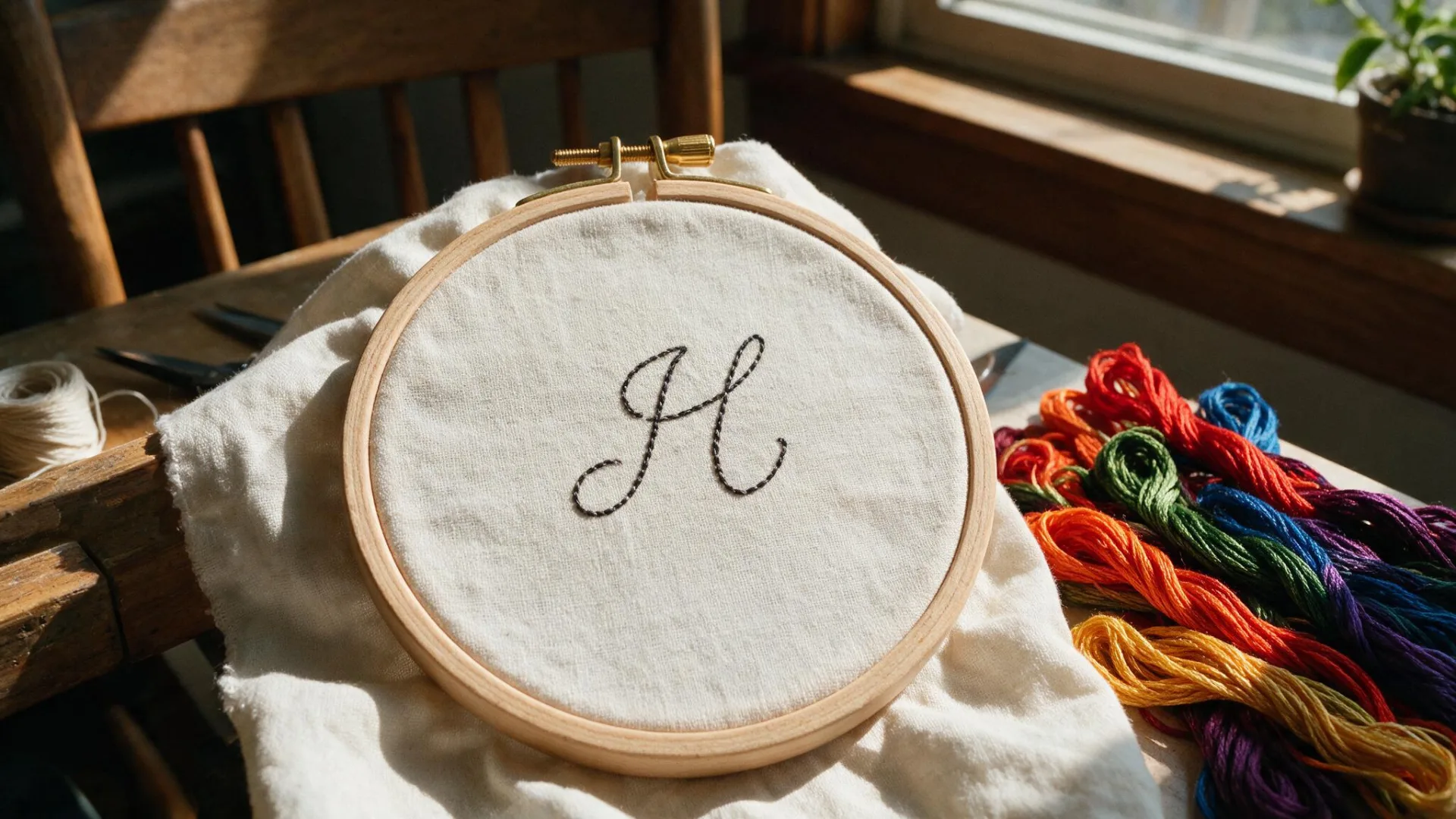 Hand-stitched initial H in a round wooden frame next to embroidery floss bundles