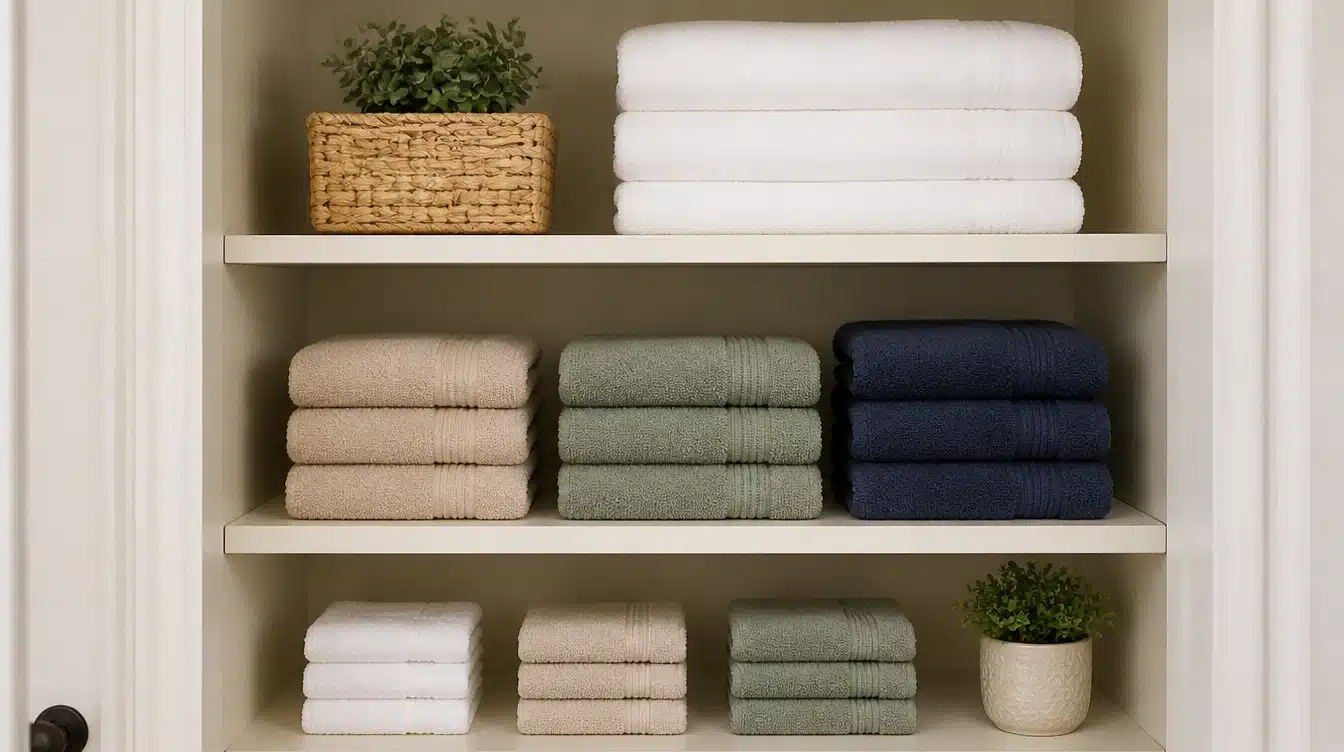 Linen closet with bath towels hand towels and washcloths grouped in separate neat stacks.