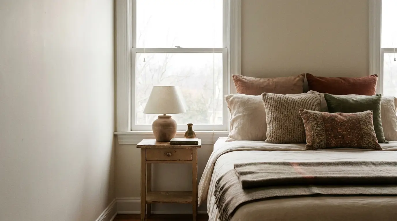 Cozy bedroom with neutral pillows on a bed beside a wooden nightstand with a lamp