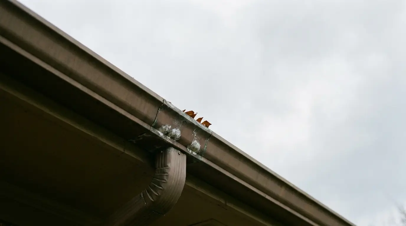 Leaves and moss accumulating in a house gutter against a cloudy sky