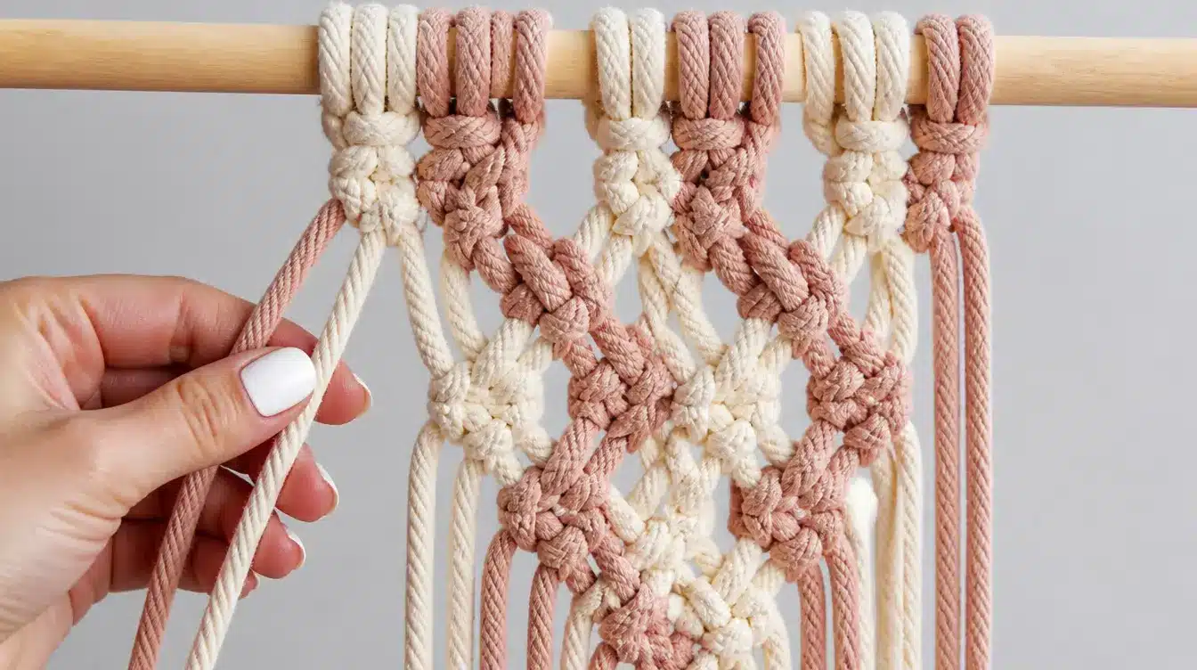 Hands creating a half hitch knot with rope on a wooden dowel