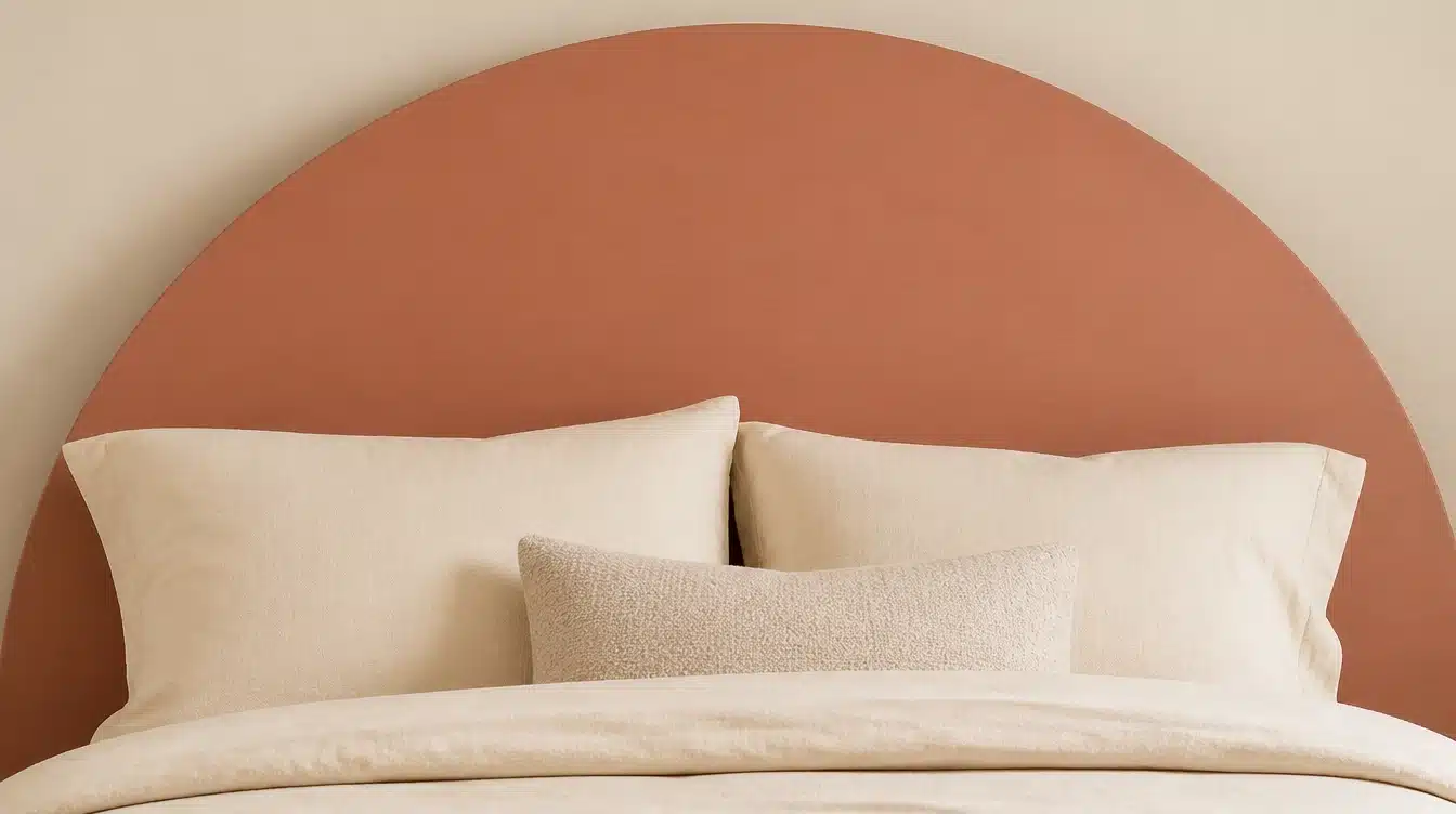 Terracotta half moon headboard behind a bed with cream pillows and neutral bedding