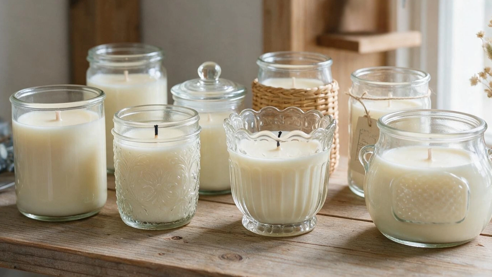 Hand poured soy candles in assorted thrifted glass jars displayed together on a rustic wooden table