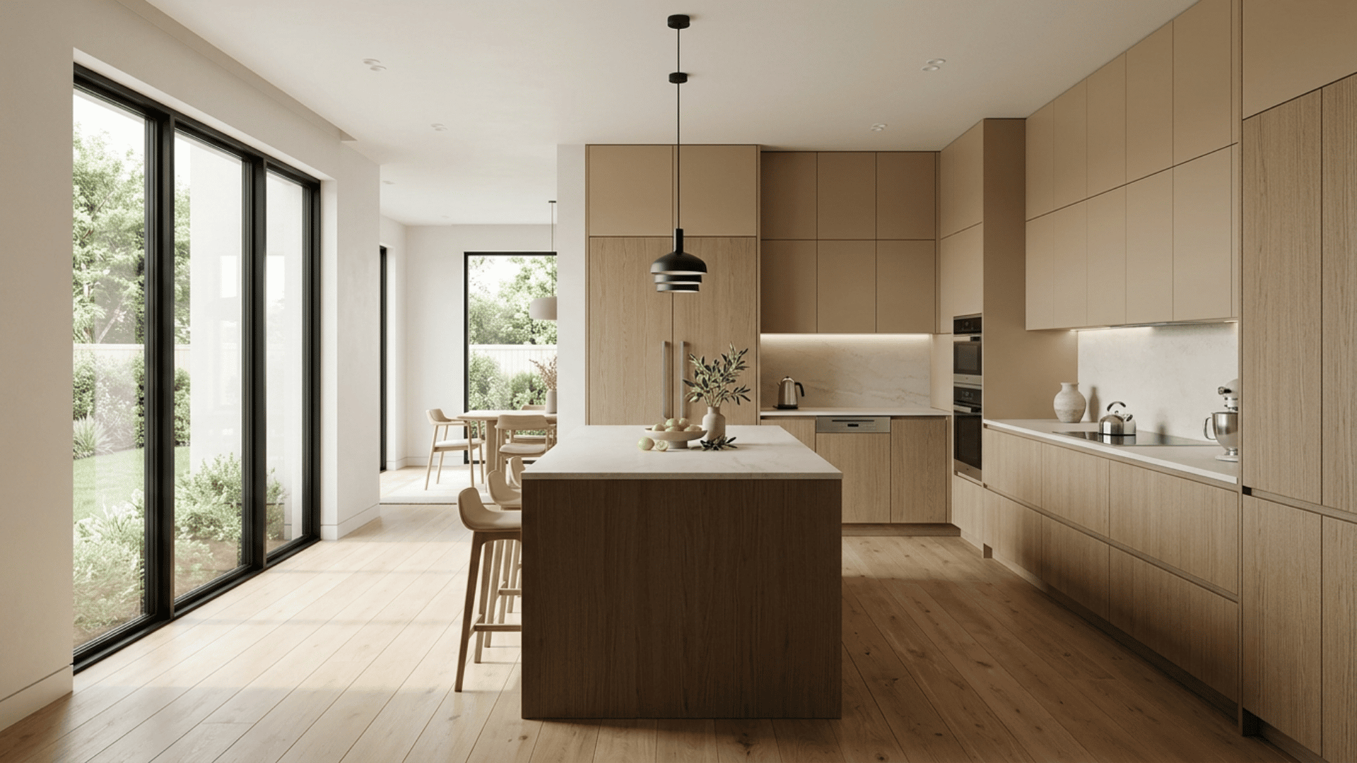 handleless beige and oak kitchen with central island, pale stone counters, and black-framed windows