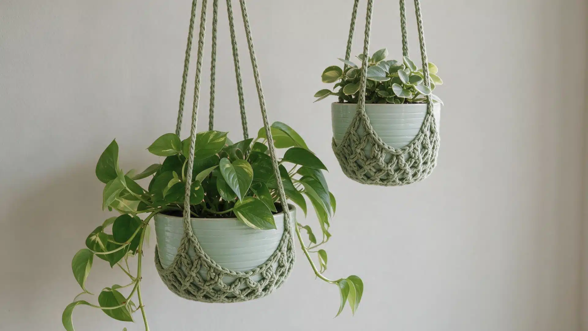 Two sage green hanging crochet plant baskets holding leafy plants in pale ceramic pots beside a bright window.