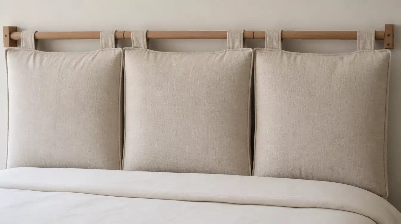 Three beige hanging cushion panels attached to a wooden rail above a white bed