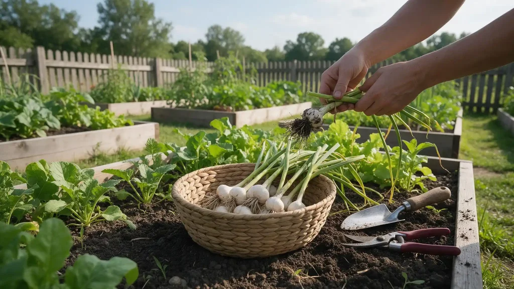 A gardener putting garlic in a basket, highlighting the garlic harvesting process in a vibrant garden environment.