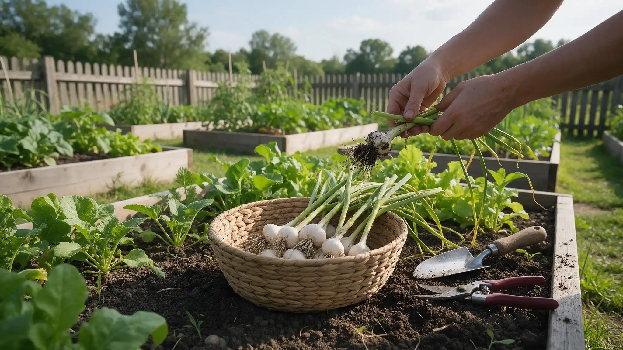 A gardener putting garlic in a basket, highlighting the garlic harvesting process in a vibrant garden environment.