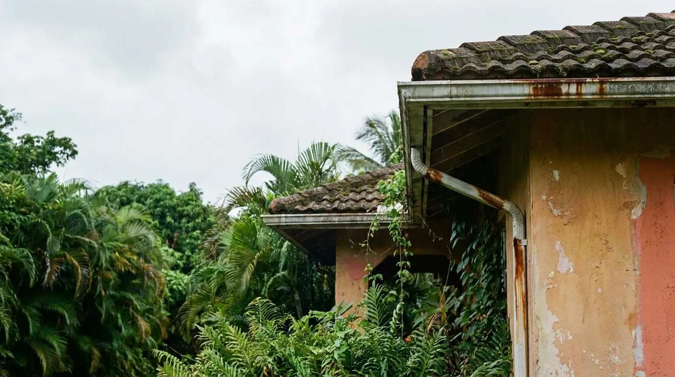 Rustic building with overgrown plants in tropical setting under cloudy sky