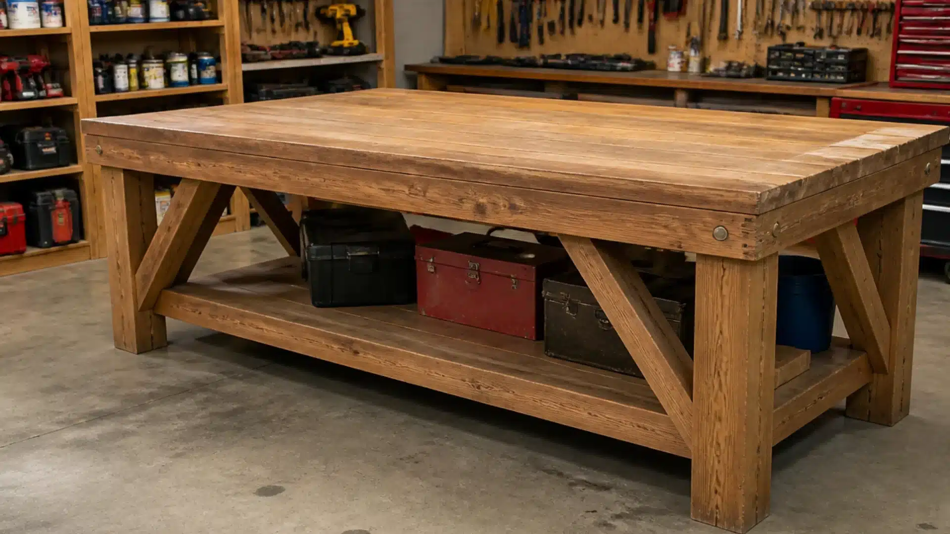 A large wooden workbench with a lower shelf holding black, red, and brown toolboxes, surrounded by tools and supplies in a workshop.