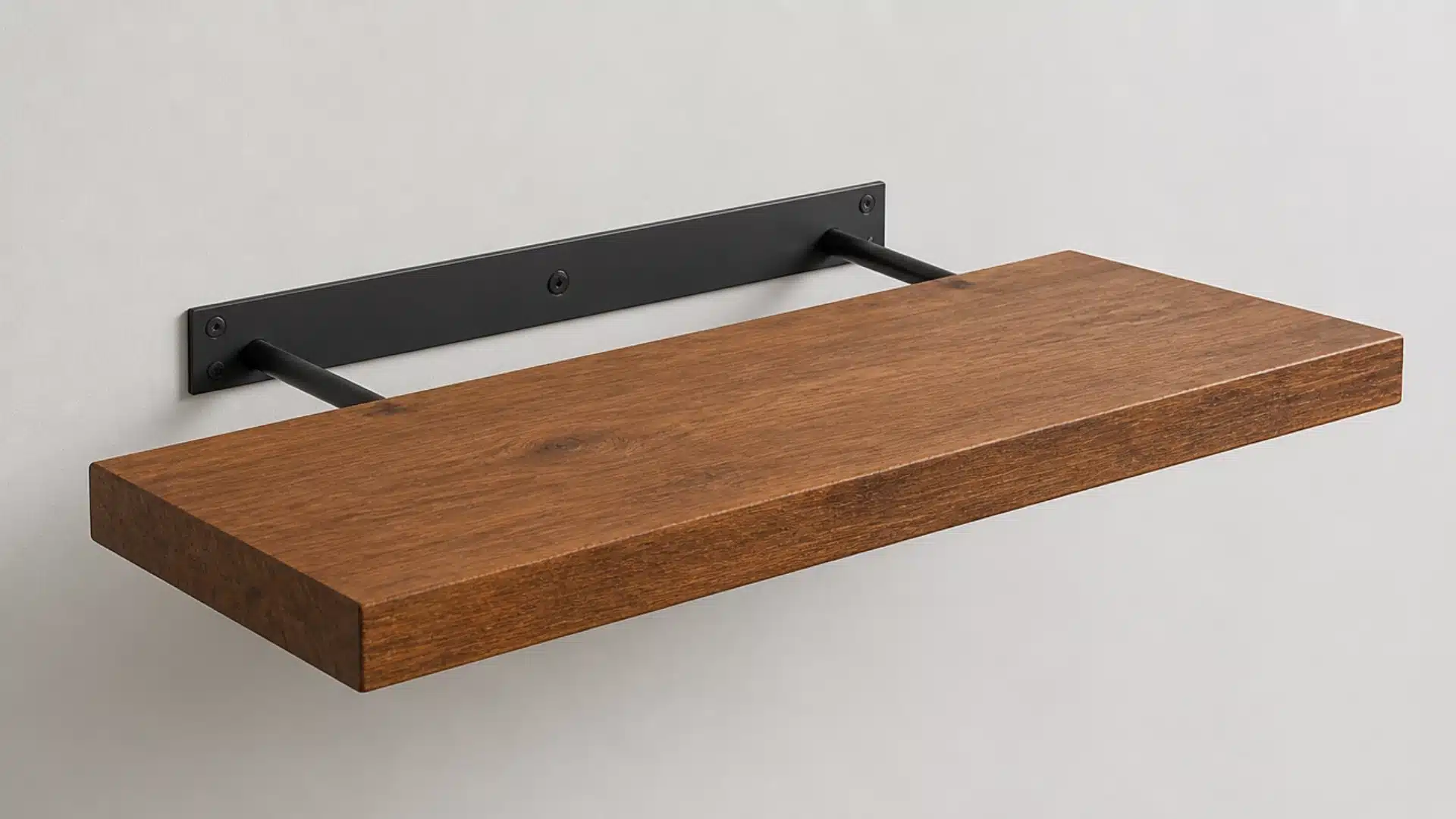 Wooden floating shelf positioned beside a concealed metal bracket with projecting support rods.