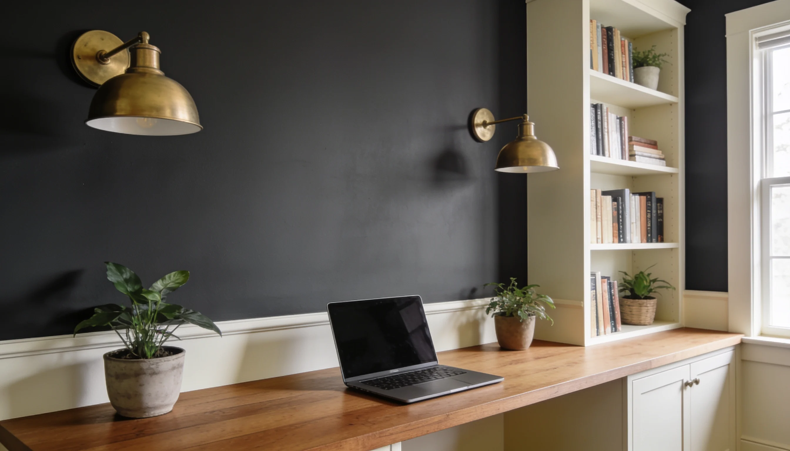 A home office featuring a wooden desk, ergonomic chair, and bookshelves filled with various books and decorative items.