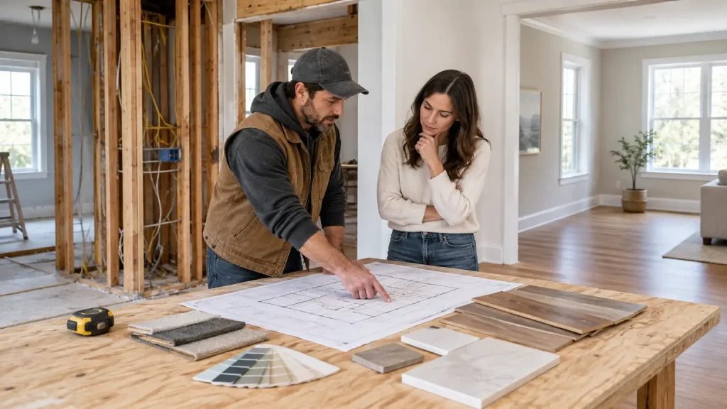 Man and woman discussing house blueprints at wooden table in partially renovated room