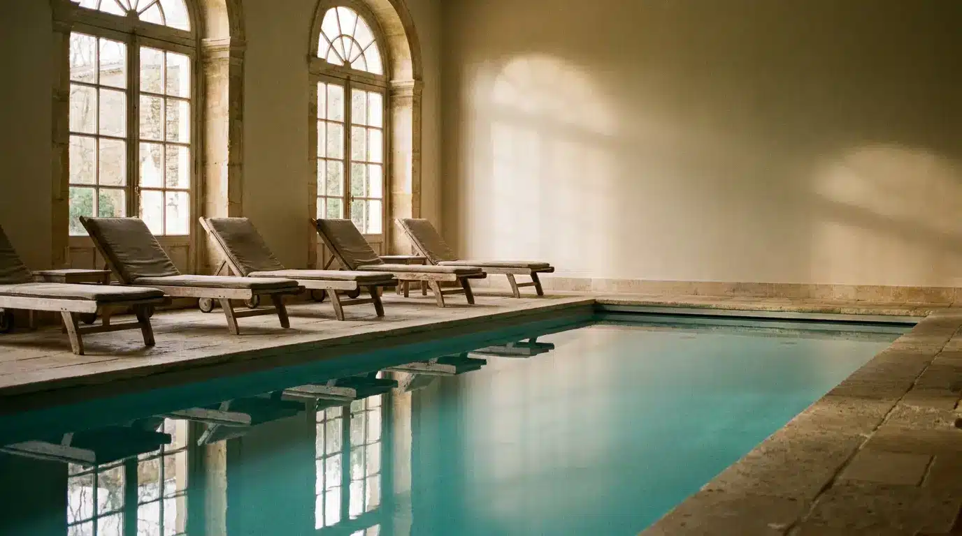Indoor pool with lounge chairs and arched windows in soft natural light