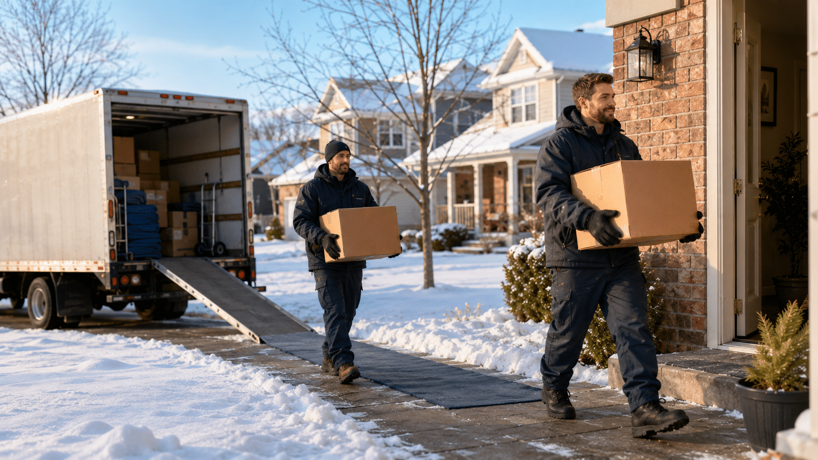 Delivery workers carrying boxes from truck to house on a snowy day