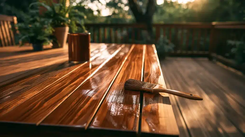 A paintbrush rests on a freshly varnished wooden outdoor table beside a potted plant, with a deck railing and trees behind it.
