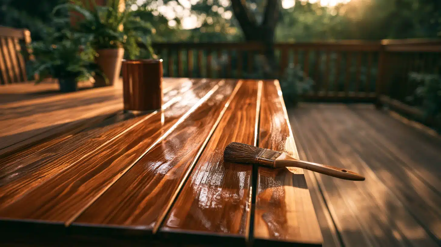 A paintbrush rests on a freshly varnished wooden outdoor table beside a potted plant, with a deck railing and trees behind it.