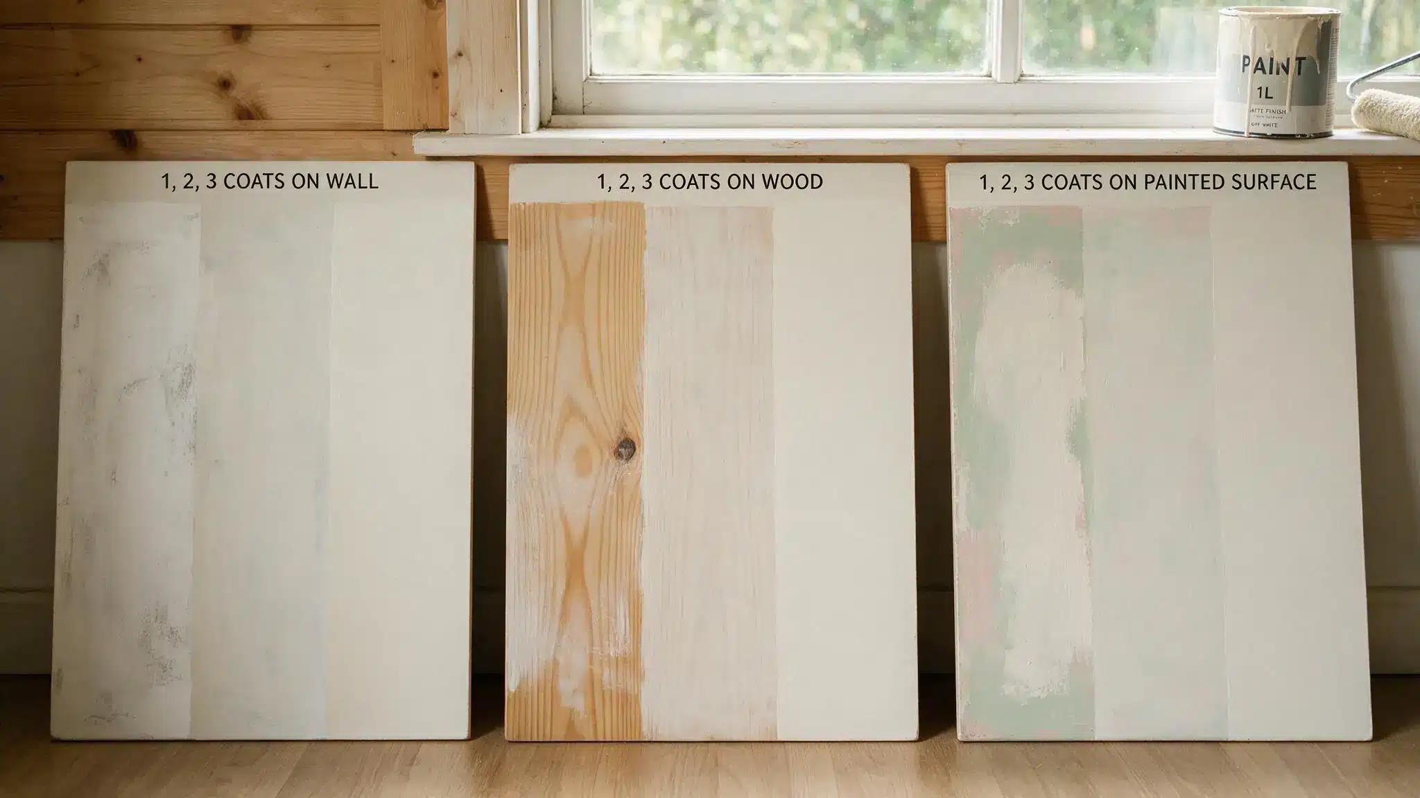 Different surfaces showing one two and three coats of paint for comparison