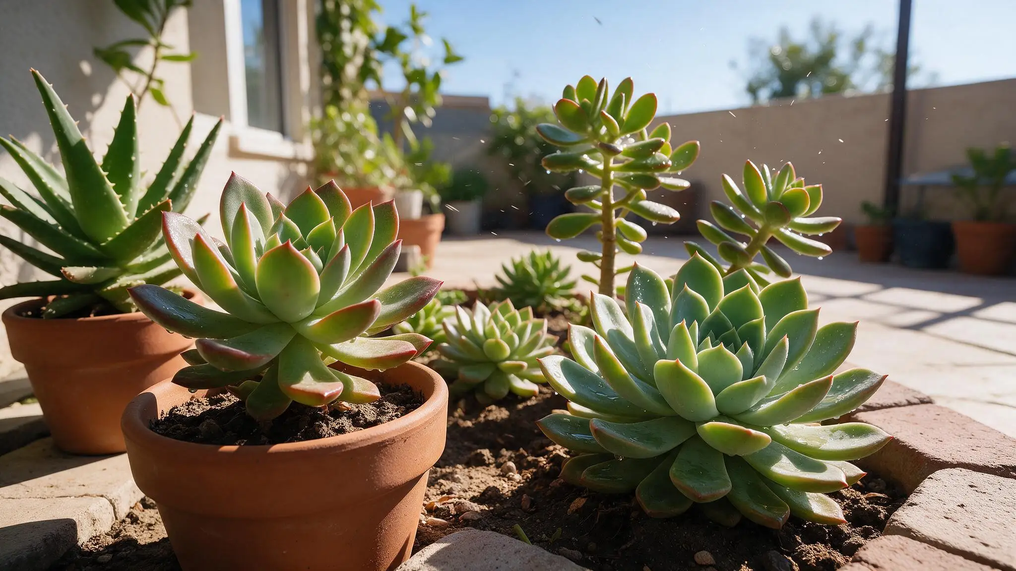 Potted succulents, including aloe and rosette-shaped echeverias, sit in a sunlit courtyard garden.