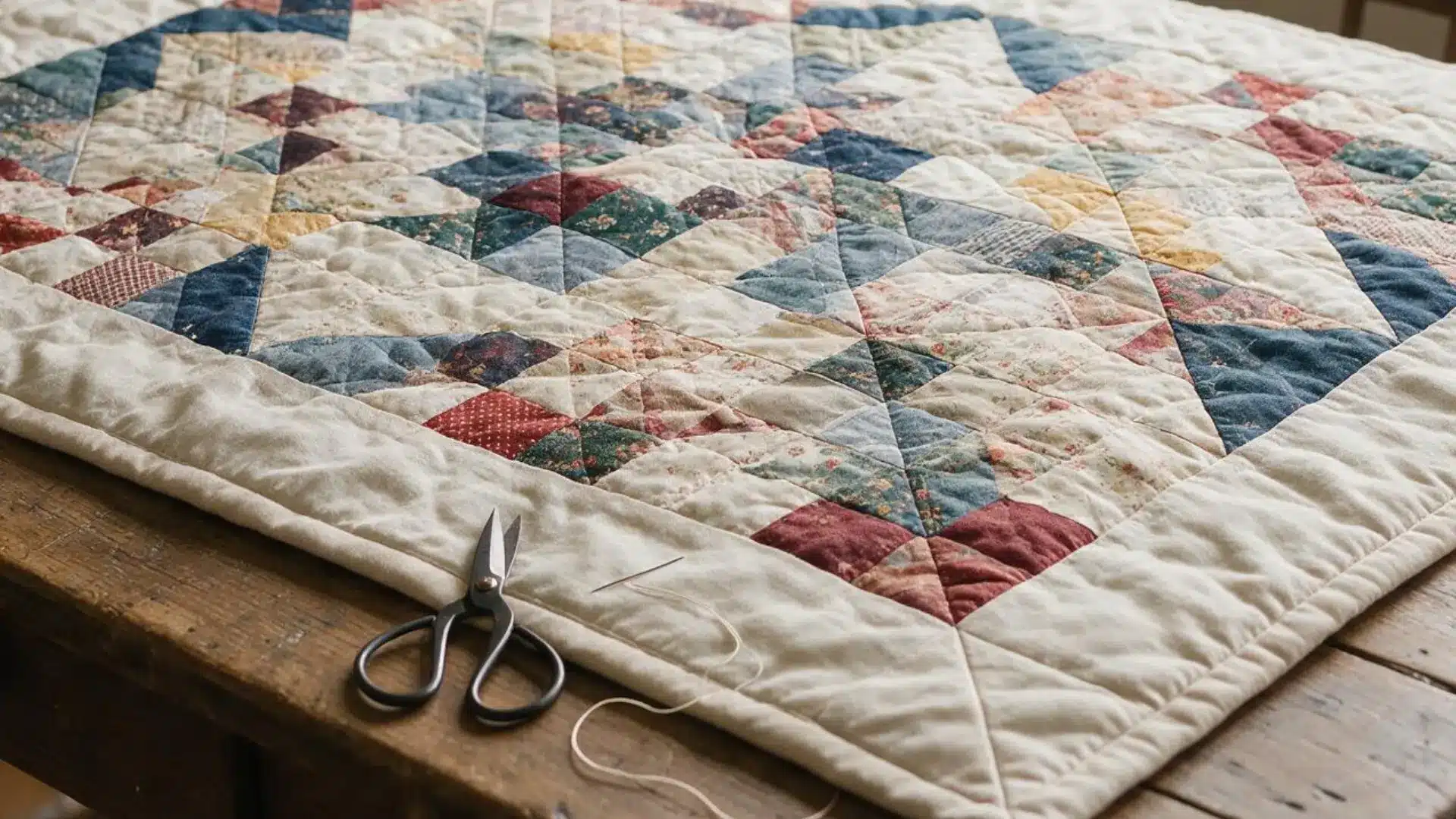 Finished patchwork quilt with cream binding laid on a wooden table beside black scissors and loose sewing thread