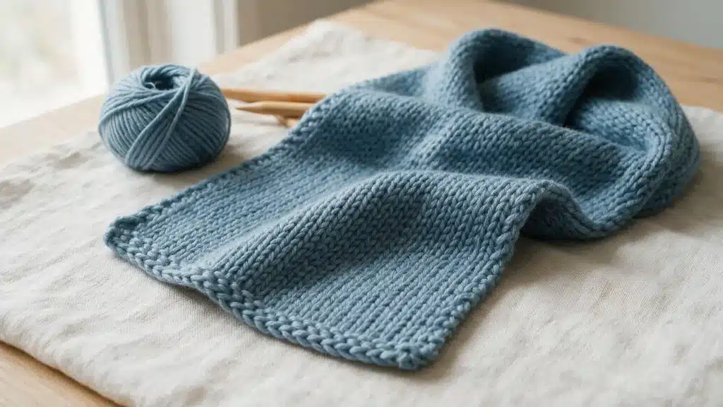 A blue knitted scarf draped on a table next to a ball of blue yarn.