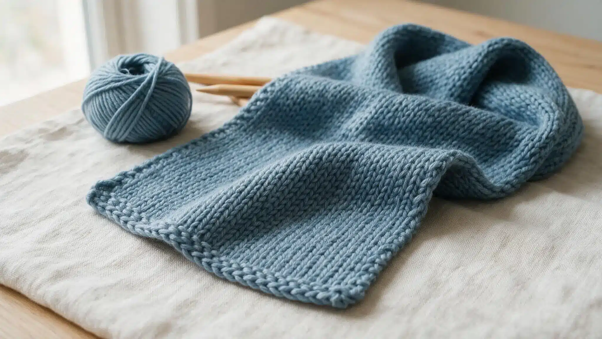 A blue knitted scarf draped on a table next to a ball of blue yarn.